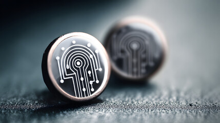 materialization. Elegant minimalist earrings with glowing embedded circuit pattern, fusion of fashion and technology. symbolizing technological progress and responsible innovation.