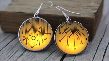 materialization. Elegant minimalist earrings with glowing embedded circuit pattern, fusion of fashion and technology. symbolizing technological progress and responsible innovation.