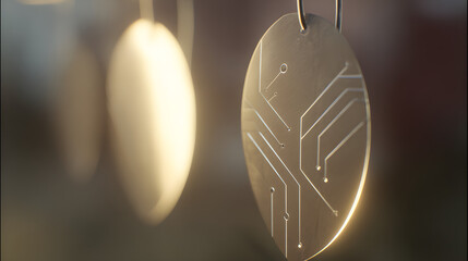 materialization. Elegant minimalist earrings with glowing embedded circuit pattern, fusion of fashion and technology. symbolizing technological progress and responsible innovation.