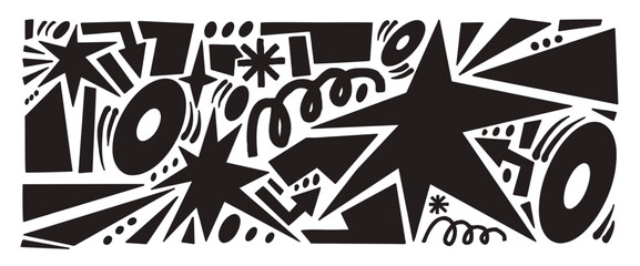 Fototapeta premium Silhouettes paper cutouts stars, geometric figures. Playful black simple scrap paper collage with sparkles, arrows, squiggles and doodles . Vector hand drawn silhouette set isolated no background.