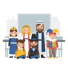 Fototapeta premium Children in Purim costumes at school standing together and smiling 