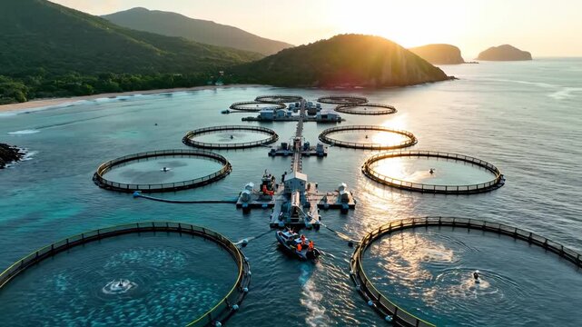 Aerial view of circular fish farms in ocean