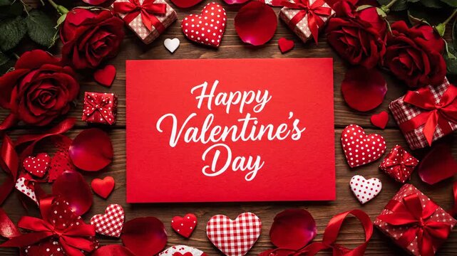 Happy Valentines Day Red Envelope Roses Gifts Hearts Wooden Background