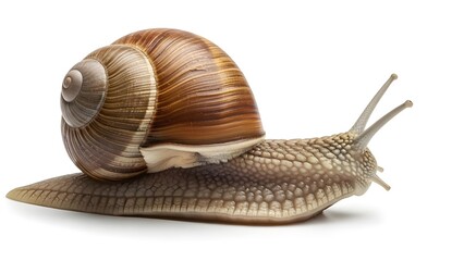 A close-up photo of a snail with a brown shell and slimy foot on a white background
