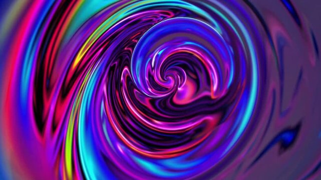 Mesmerizing iridescent swirl featuring reflective surfaces and hypnotic movement, Abstract visual of vibrant liquid spiral displaying shimmering colors and captivating motion patterns