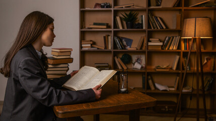 Young woman in a suit reading a book at a wooden desk with an hourglass and bookshelves © shine.graphics