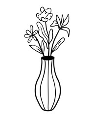 Minimalist flowers in a decorative vase in line art style. Hand drawn botanical illustration for home decor, posters, prints, branding.