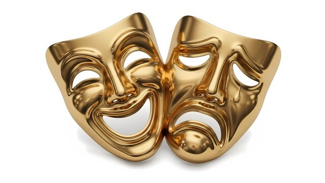 A pair of golden comedy and tragedy masks on a white background