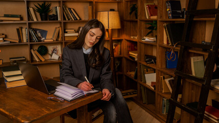 Young woman in a suit writing in a notebook at a desk in a library