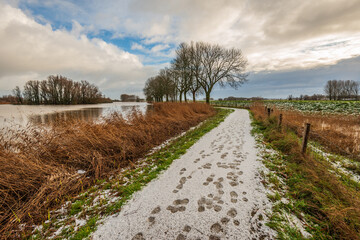 Winter landscape along a small lake during the Dutch winter season. It has snowed lightly, and much more is expected.