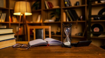 Vintage study desk with hourglass, books, glasses, and calculator, evoking timeless learning