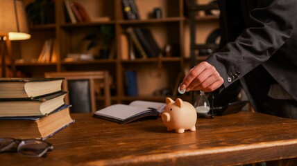 Person in suit putting coin into piggy bank on wooden desk with books and hourglass