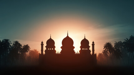 Silhouette of a mosque at sunrise.