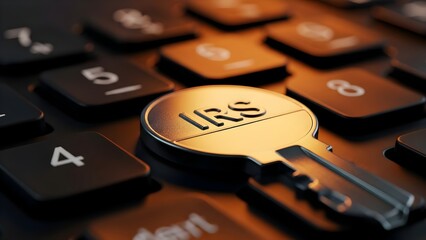 Golden key with 'IRS' detail on a numeric keypad, a conceptual image symbolizing secure access to vital financial records and efficient finance management for tax purposes.