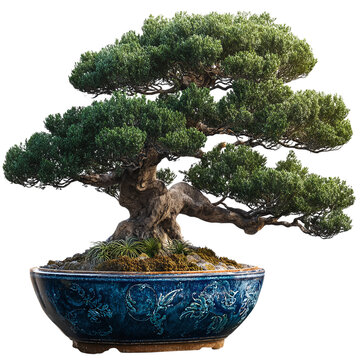 Exquisite Japanese Bonsai Tree in an Ornate Blue Ceramic Pot, a Symbol of Nature's Artistry and Tranquility