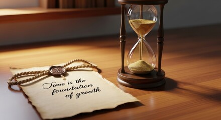 An antique hourglass and inspirational quote about time and growth on a wooden desk