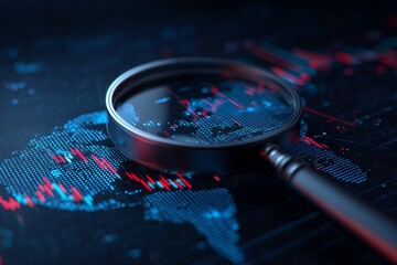 Magnifying glass focused on a digital global financial map displaying real-time stock market data, concept for global market research, financial technology investment and economic analysis