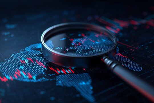 Magnifying glass focused on a digital global financial map displaying real-time stock market data, concept for global market research, financial technology investment and economic analysis - Powered by Adobe