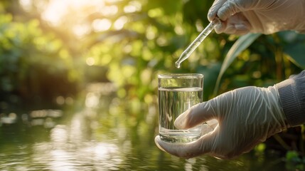 Hands in gloves testing water quality with a pipette and glass sample outdoors near a river environment, concept for environmental testing, sustainable research and clean water campaigns