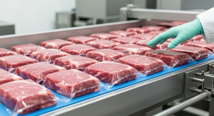 Raw beef steaks being packaged on a food processing production line in an industrial facility