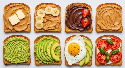Assortment of four gourmet toast slices with diverse toppings including avocado, egg, peanut butter banana, and chocolate strawberry