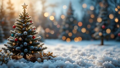 Festive Christmas Background with Elegant Fir Tree, Sparkling Ornaments, Warm Lights, and Joyful Holiday Atmosphere