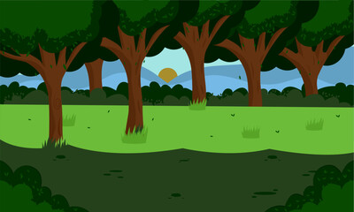 Obraz premium Wild Jungle forest with trees, branches, greenery and sun landscape background design vector illustration.