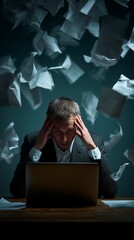Stressed business executive holding his head while sitting at a laptop as documents fall rapidly around him, concept for heavy workload, financial pressure and professional burnout