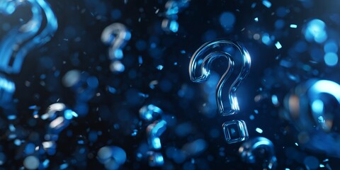 Close-up of shiny blue glass question marks floating on a dark, bokeh-filled digital background, symbolizing mystery, concept for problem solving, deep inquiry and business strategy development