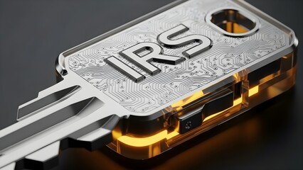 Close-up of a futuristic digital key representing secure access and control over government finance systems and tax data through advanced technology.