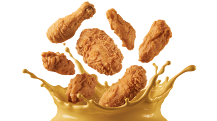 Crispy fried chicken pieces bursting from a splash of golden sauce on transparent background