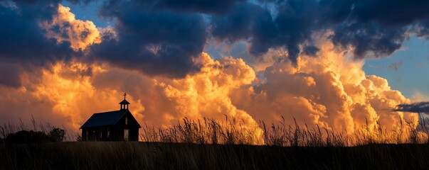 Silhouette of a remote rural church on a grassy prairie hill against a dramatic sunset sky bursting with golden storm clouds, concept for spiritual retreat, religious worship and travel editorial