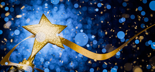 Winners Cup. Top Performance Award. Victory. Achievements. First place in a computer game. Winner certificate. Gold star on a blue background as a reward. Goal achievement concept. 3D render.