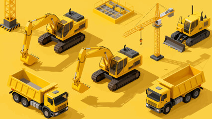 Yellow construction vehicles on yellow background © KY