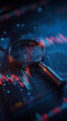 Close up of a magnifying glass analyzing glowing red and cyan digital stock market data on a dark background, concept for financial analysis, market research and investment strategy