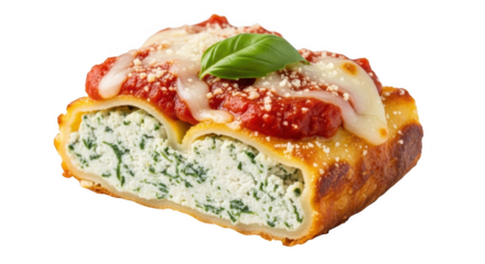 Baked pasta roll filled with creamy ricotta and spinach topped with marinara sauce melted cheese and fresh basil