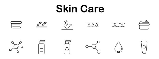 Skin care set icon. Jar, sparkle layer, UV shield, hydration drops, elasticity lines, cream pot, molecules, bottles, serum, drop symbol drawn in clean beauty line style.