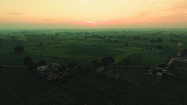 Aerial view of green fields at sunrise with houses, showing the vast landscape with contrasting colors and textures, Alwar, Rajasthan, India.