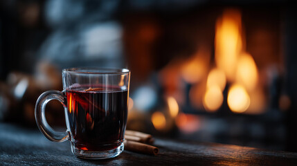 Tasty mulled wine and blurred fireplace on background, seasonal beverage near hearth, holiday drink with defocused flames, festive refreshment by fire, with copy space