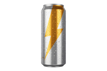 Silver energy drink can with a bold gold lightning bolt design on transparent background