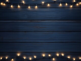 Dark navy rustic wooden background texture framed by glowing warm fairy lights along the top and bottom edges, concept for holiday promotion, winter celebration banner and Christmas party invitation