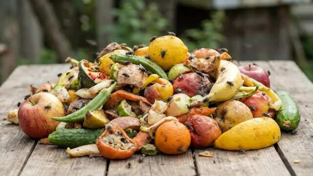 A close up of rotting fruit and vegetable scraps covered in houseflies on a table
