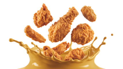 Crispy fried chicken pieces splashing into a vibrant sauce a delightful food presentation on transparent background
