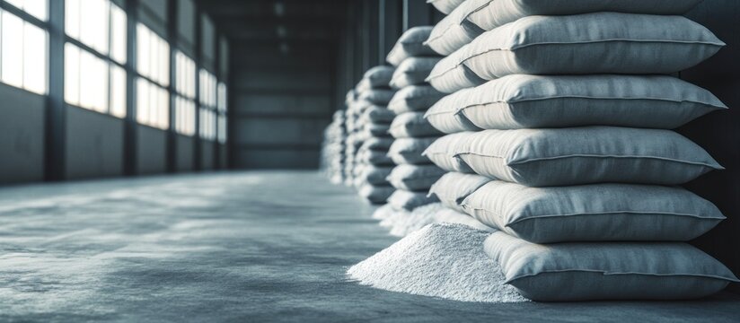 Stacks of white bags with bulk material and pile of powder on concrete floor in industrial warehouse