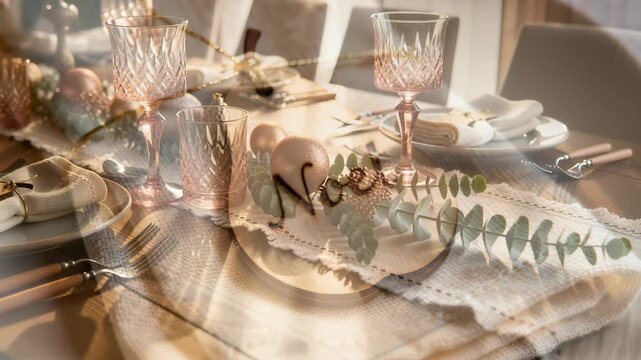 Wooden Noel tag rests on a folded linen napkin tied with thin gold string at a seasonal table setting. Soft neutral background and empty plate provide copyspace and open area for text or holiday messa