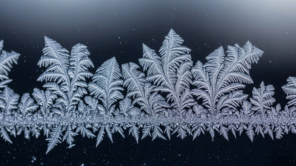 Macro shot of frozen ice crystals on dark glass surface