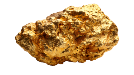 Large single raw gold nugget with rough geological texture on white background, symbolizing wealth and mining with precious metal and mineral