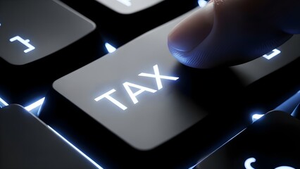 Finger pressing glowing 'TAX' key on a dark digital keyboard, symbolizing essential financial management and online finance operations.