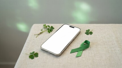 A smartphone with a blank white screen is placed on a light-colored fabric surface next to a small green ribbon and several delicate green clover leaves under soft natural light