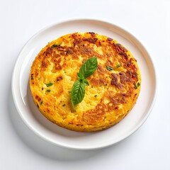 Golden frittata with basil leaf presented on a bright white ceramic plate against clean white background
